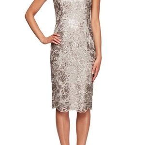 alexevenings.com Regular - Sequin Lace Cap Sleeve Dress with Illusion Neckline &